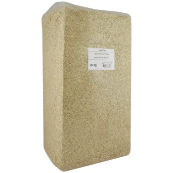Hanf-Stroh Canatura 20kg/100L Ein 20 kg Sack Hanfbettung für Haustiere, beschriftet mit 'CANATURA HANFSTROH' und 'CANATURA CHENEVOTTE', mit einer leichten, zerrissenen Textur.