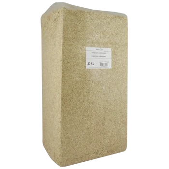 Un sac de 20 kg de litière en chanvre pour animaux, étiqueté "CANATURA HANFSTROH" et "CANATURA CHENEVOTTE", avec une texture légère et déchiquetée.
