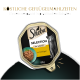 Sheba Katzenfutter-Schale mit Aufschrift 'SELECTION IN SAUCE' und 'mit Geflügel' 85 g mit Katzenfoto; Hintergrundtext 'KÖSTLICHE GEFLÜGELMAHLZEITEN'.