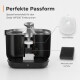 Schwarzer Trinkbrunnen für Haustiere im Schnitt zeigt keramische und mechanische Vorfilter; sichtbarer deutscher Text 'Perfekte Passform'.
