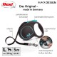 Schwarze flexi ausziehbare Hundeleine mit ergonomischem Griff, mit einem 5m robusten Riemen für Hunde bis zu 50kg, beschriftet mit Produktdetails.