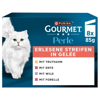 Purina Gourmet Perle Katzenfutter-Schachtel mit weißer Langhaarkatze; Aufschrift ‚Erlesene Streifen in Gelee‘, 8 x 85 g.