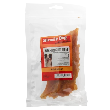 Miracle Dog Snacks Hühnerbrust Filet 70g natürlicher Hähnchen-Hundesnack in durchsichtiger wiederverschließbarer Tüte mit Hundeabbildung.