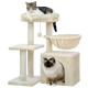 Cremefarbener Katzenbaum mit zwei Plattformen, einer gemütlichen Hängematte, einem Kratzbaum und einem baumelnden Ballspielzeug.