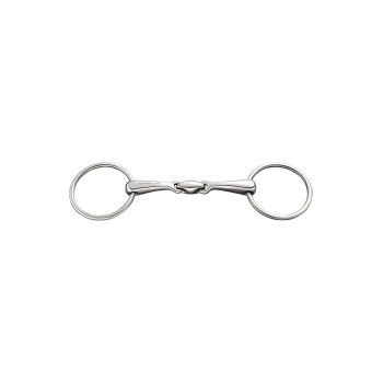 Edelstahl-Pferdegebiss mit zwei Ringen und einem zentralen Gelenk, entworfen für den Reitsport.
