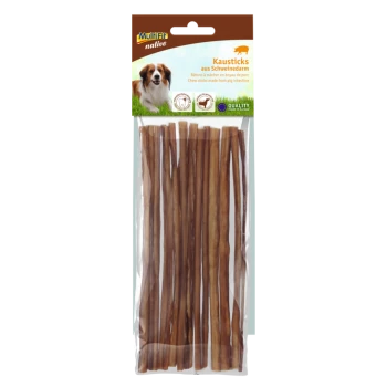 Kau-Sticks aus Schweinedarm in einer durchsichtigen Tüte mit einem braunen Header, beschriftet mit "Kausticks aus Schweinedarm" und "Qualität made in Europe."