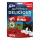 Felix Naturally Delicious Snacks, 180g, mit einer verspielten schwarz-weißen Katze, mit "Nr. 1 Zutat Rind" und "mit Goji Beere."