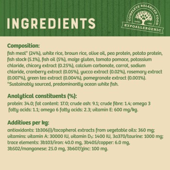 Ingredients list for a hypoallergenic pet food, detailing composition, analytical constituents, and additives per kg.