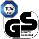 TÜV Süd Zertifizierungslogo mit einem blauen Achtkant, auf dem 'TÜV' und 'SÜD' steht, neben dem 'GS'-Symbol für getestete Sicherheit.