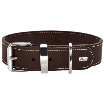 Braunes Lederhalsband für Hunde mit silberner Metallschnalle und D-Ring, mit weißen Nähten und einem kleinen 'HUNTER'-Logo.