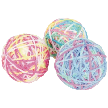 Three pastel multicolored fuzzy yarn balls (cat toys)