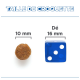 Image comparant la taille d'une croquette pour animaux (10 mm) à un dé bleu (16 mm), avec le texte "TAILLE DE CROQUETTE."