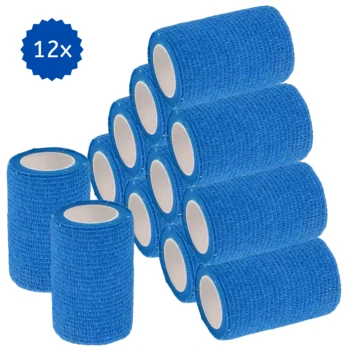 Ein Stapel von 12 blauen selbstklebenden Verbandrollen, mit einer strukturierten Oberfläche und einem weißen Innenkern, ideal für die Pflege von Haustieren.