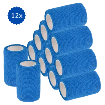 Ein Stapel von 12 blauen selbstklebenden Verbandrollen, mit einer strukturierten Oberfläche und einem weißen Innenkern, ideal für die Pflege von Haustieren.