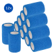 Ein Stapel von 12 blauen selbstklebenden Verbandrollen, mit einer strukturierten Oberfläche und einem weißen Innenkern, ideal für die Pflege von Haustieren.
