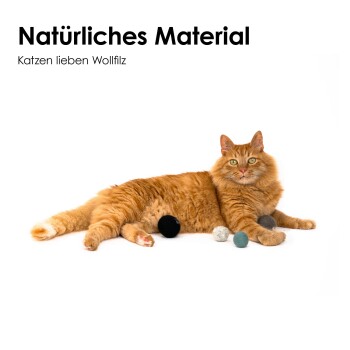 Eine orange flauschige Katze mit grünen Augen liegt auf einem weißen Hintergrund, umgeben von bunten Filzkugeln in Schwarz, Grau und Türkis.