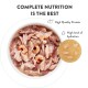 Bowl of wet pet food with shrimp and meat chunks, labeled "Complete Nutrition is the Best" with high protein and hydration benefits.