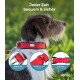 Nahaufnahme eines Hundes mit rotem Halsband und silberner Schnalle, mit "Jeder Zeit bequem & sicher" und Details zu seiner doppelten Schnalle und D-Ring.