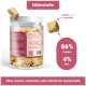 Freeze-dried Hühnerleckerlis Prozess: 300g frisches Huhn reduziert sich auf 50g freeze-dried. Produkt beschriftet mit "KAUDAS," hergestellt in Deutschland.