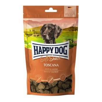 SoftSnack Toscana 100 g Happy Dog Soft Snack Toscana Hundeleckerlis, mit einem braunen Hund auf der Verpackung, mit Geschmäckern von Ente und Lachs.