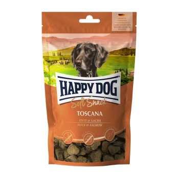 Friandises pour chiens Happy Dog Soft Snack Toscana, présentant un chien marron sur l'emballage, avec des saveurs de canard et de saumon.
