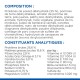 Composition et analyse nutritionnelle d'un produit alimentaire pour animaux de compagnie, détaillant des ingrédients comme du poulet déshydraté, des pommes de terre et des vitamines.