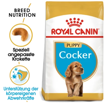 Royal Canin Puppy Cocker Hundefutterbeutel mit rassespezifischer Ernährung, hervorgehobener Kibble-Form und Ansprüchen auf Immununterstützung.