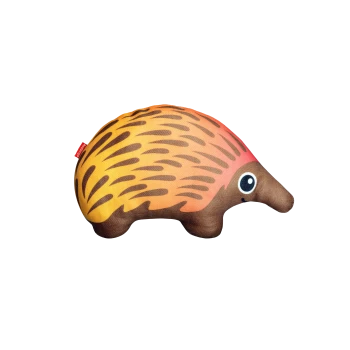 Ein plüschiger Igelspielzeug mit einem braunen Körper und orange-gelben Stacheln, mit einem süßen Gesicht mit großen Augen und einem kleinen Lächeln.