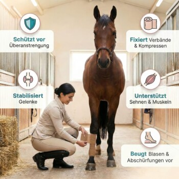 Ein glücklicher Hund mit einem bandagierten Pfoten liegt auf einem Tisch, während eine Person in blauen Scrubs den Verband anlegt. Der Text darüber lautet: "IDEAL FÜR IHREN VIERBEINER..."