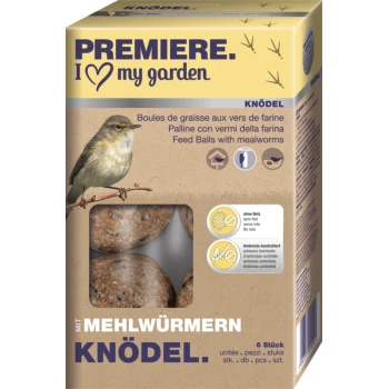 Boules de nourriture avec des vers de farine dans une boîte étiquetée "PREMIERE. J ❤️ mon jardin," avec une illustration d'oiseau et des détails sur l'absence de filet et le contrôle de l'ambroisie.