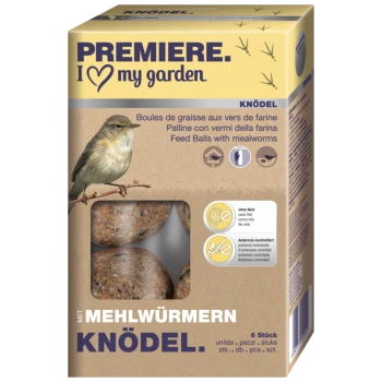 Futterbälle mit Mehlwürmern in einer Box beschriftet mit "PREMIERE. I ❤️ meinen Garten," mit einer Vogelillustration und Details zu netzfreier und ambrosia-kontrollierter Fütterung.