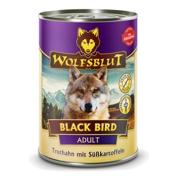 Wolfsblut-Tierfutterdose mit Abbildung eines Wolfes, Aufschrift 'BLACK BIRD ADULT' und 'Truthahn mit Süßkartoffeln.'