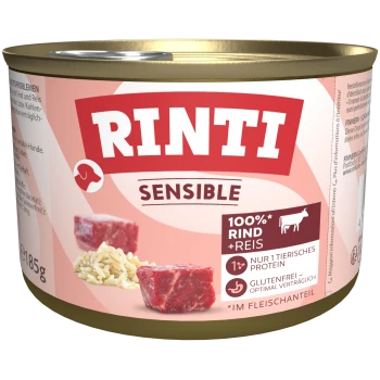 Rinti Sensible Hundefutterdose, die 100% Rindfleisch und Reis enthält, glutenfrei, mit sichtbaren Fleisch- und Reisstücken auf dem Etikett.