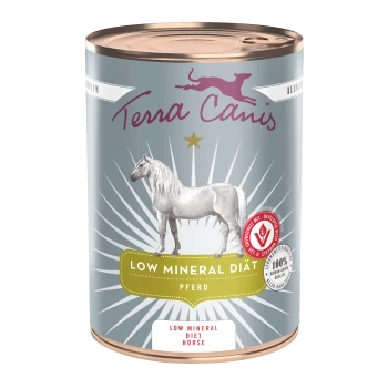 Terra Canis Dose beschriftet 'Low Mineral Diät Pferd' mit Pferdeillustration