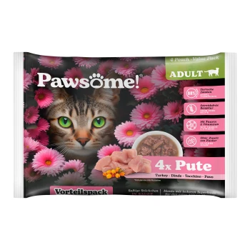 Pack économique de nourriture pour chats Pawsome! mettant en avant le visage d'un chat entouré de fleurs roses, avec un texte soulignant la saveur de dinde et les bienfaits nutritionnels.
