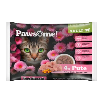 Pawsome! Erwachsenen Katzenfutter-Wertpaket mit dem Gesicht einer Katze, umgeben von rosa Blumen, mit Text, der den Truthahngeschmack und die ernährungsphysiologischen Vorteile hervorhebt.
