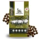 Premium-Hundefuttertüte mit der Aufschrift "German Shephy Gold", die das Rezept "Sensitive Lamm & Reis", glutenfrei, mit Futterstücken daneben zeigt.