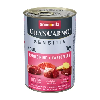Hundefutter aus der Dose mit der Aufschrift 'GranCarno Sensitiv Adult', das Rindfleisch und Kartoffeln enthält, mit Text, der 100% frische Zutaten und glutenfrei hervorhebt.