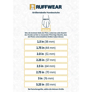 Größentabelle für Ruffwear-Hundeschuhe, die Pfotenbreitenmessungen von 1,5 Zoll (38 mm) bis 3,25 Zoll (83 mm) mit Anweisungen auf Deutsch anzeigt.