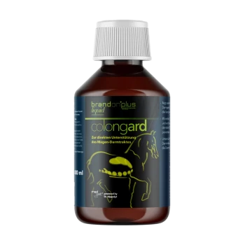 Flasche mit brandonplus Flüssigkolongard für Pferde, 100 ml, mit deutschem Text, der Unterstützung für den Verdauungstrakt anzeigt.
