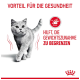 Eine graue Katze, die auf den Betrachter zugeht, mit dem Text darüber "Vorteil für die Gesundheit" und darunter "Hilft, die Gewichtszunahme zu begrenzen."