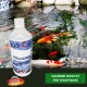 Flasche mit aqua-Cer Koi-Humin Konzentrat vor einem Teich mit bunten Koi-Fischen, mit dem Text "SICHERER SCHUTZ FÜR TEICHFISCHE."