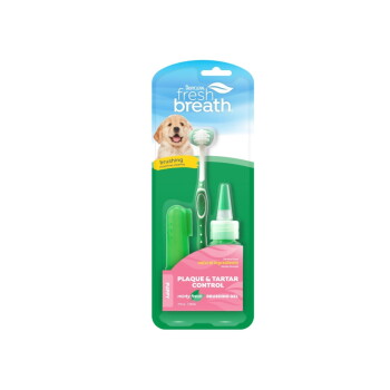 TropiClean Fresh Breath puppy plaque & tartar control kit with toothbrush, finger brush and minty fresh brushing gel.