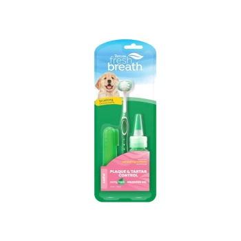 TropiClean Fresh Breath puppy plaque & tartar control kit with toothbrush, finger brush and minty fresh brushing gel.