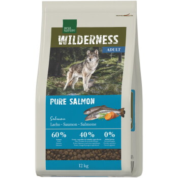 Zak Real Nature Wilderness volwassen hondenvoer, Pure Salmon smaak met afbeelding van een wolf, "60% 40% 0%", 12 kg.