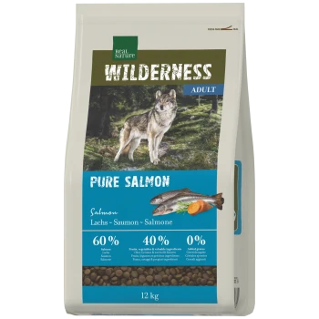 Sac de croquettes pour chiens adultes Real Nature Wilderness, saveur Pure Salmon avec image de loup, '60% 40% 0%', 12 kg