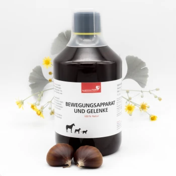 Braune Flasche des HerzensTier Gelenk- und Mobilitätsergänzungsmittels für Haustiere, beschriftet mit „Bewegungs-Apparat und Gelenke 100% Natur“ und Tier-Icons.