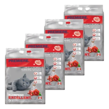 Vier Beutel PREMIERE Klumpstreu mit Rosenduft, mit einer grauen Katze und roten Rosen auf der Verpackung, jeweils 12 kg.