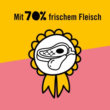 Grafik mit einem Abzeichen und einer Fleischillustration, auf einem gelben und rosa Hintergrund steht "Mit 70% frischem Fleisch".