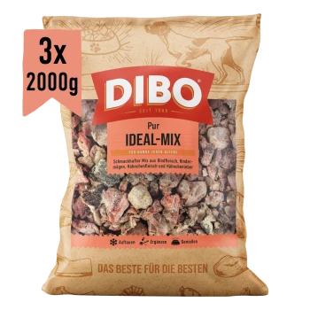 DIBO Ideal-Mix Hundefutterverpackung, die eine Mischung aus Rindfleisch, Hühnerfleisch und Leber zeigt. Enthält 2000g, geeignet für ältere und übergewichtige Hunde.